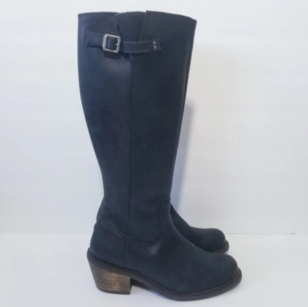 John Fluevog Knee High Boots Size 7 Black Zip Leather Buckle